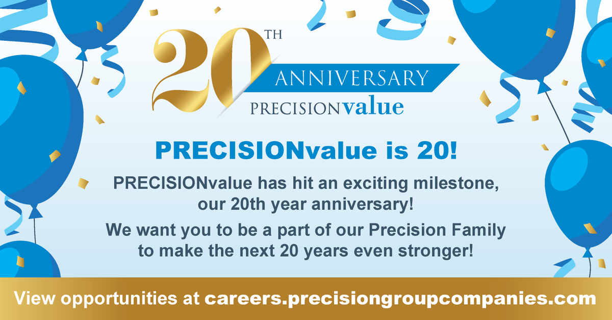 PRECISIONvalue's tweet image. We've hit an exciting milestone this year - PRECISIONvalue is 20 years strong! 🎉  With opportunities in Accounts to Project Management, we want you to join our team and make the next 20 years even stronger. View Precision's open roles at careers.precisiongroupcompanies.com