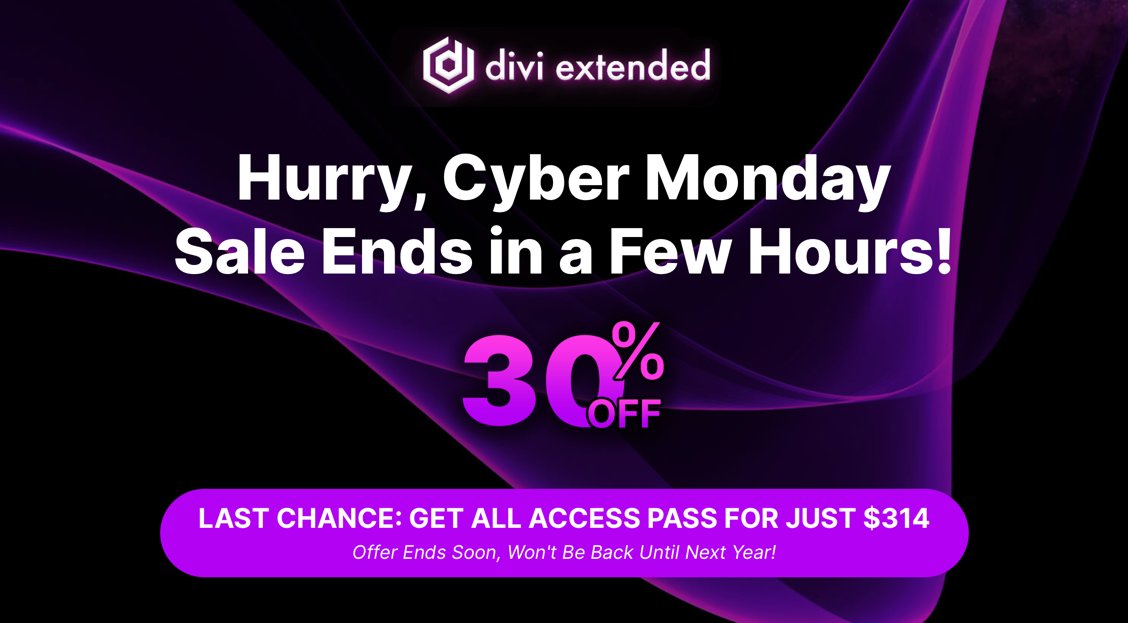 🎉 Cyber Monday Exclusive at @DiviExtended! 🎉 This is your LAST CHANCE to grab our All Access Pass at an incredible price of JUST $314, originally worth over $3100+. ⏳ Hurry, offer ends in a few hours! Don't miss out on a year's worth of #DiviTheme excellence.…