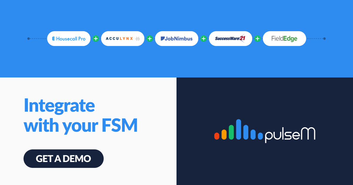 pulseM makes customer reviews fast, easy, and automatic by integrating with leading FSMs. Our dedicated support team sets you up, walks you through our most common review notifications, and shows you how to get 2-3x more reviews! Get a demo now: ow.ly/BNQP50QexGa