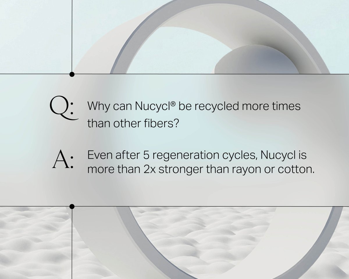 Most MMCFs alter the cellulose so it can’t be recycled again unless mixed with new virgin material for added strength. The Nucycl® recycling process preserves the cellulose, which allows us to create a fiber stronger than polyester, cotton, or rayon. evrnu.com/nucycl