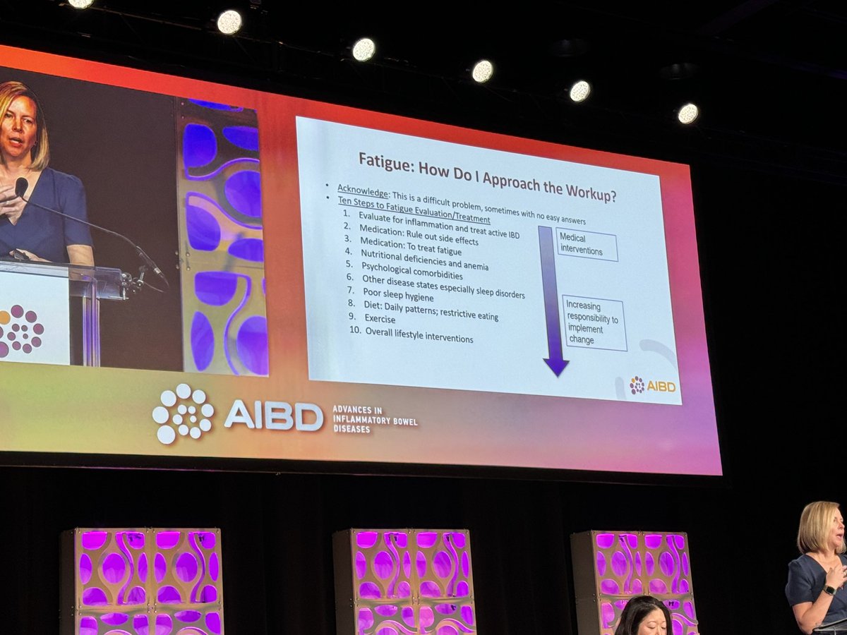 Amazing talk by @horstibddoc on a highly prevalent/impt topic: #Fatigue in #IBD How to approach ✔️ 1. Treat active #IBD 2. Rule out side-effects 3. Meds to treat fatigue 4… **image below for all 10 #AIBD2023 #AIBDAnnual