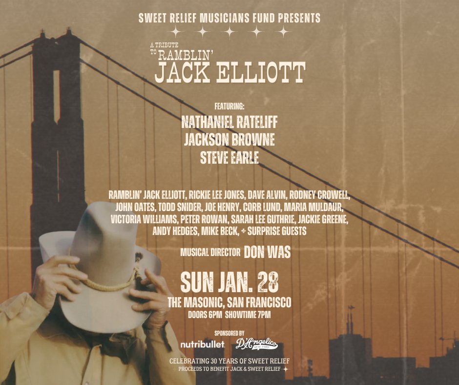 30 YEARS OF SWEET RELIEF! Join us, and this legendary lineup, on January 28th at The Masonic in San Francisco for a special tribute show honoring the legendary Ramblin' Jack Elliott and celebrating our 30th Anniversary! Tix on sale Fri, 12/15, 10am PST 👉 bit.ly/RJETribute