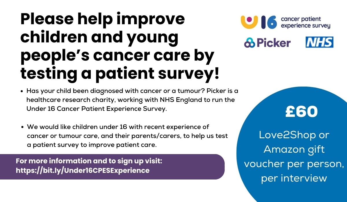 We need children under 16 with a recent experience of cancer or tumour care, and their parent/carers, to help improve children's cancer care by testing a patient survey! Learn more: lnkd.in/eVTP_a5N @CCLG_UK @NWCCODN @YLvsCancer @TeenageCancer @SKC_UK @CwC_UK