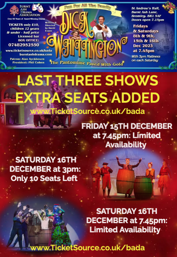 drama_ash's tweet photo. ***LAST THREE SHOWS THIS WEEKEND***
There are just 3 more chances to see Burnt Ash Drama Association's Dick Whittington.  Grab the last seats from https://t.co/bUvS6CVHqD or call 07482 952 550. Tickets are only £5 for children aged 12 or under  &amp; £10 for adults!  #BADAWhittington https://t.co/ntnAuPUxU5