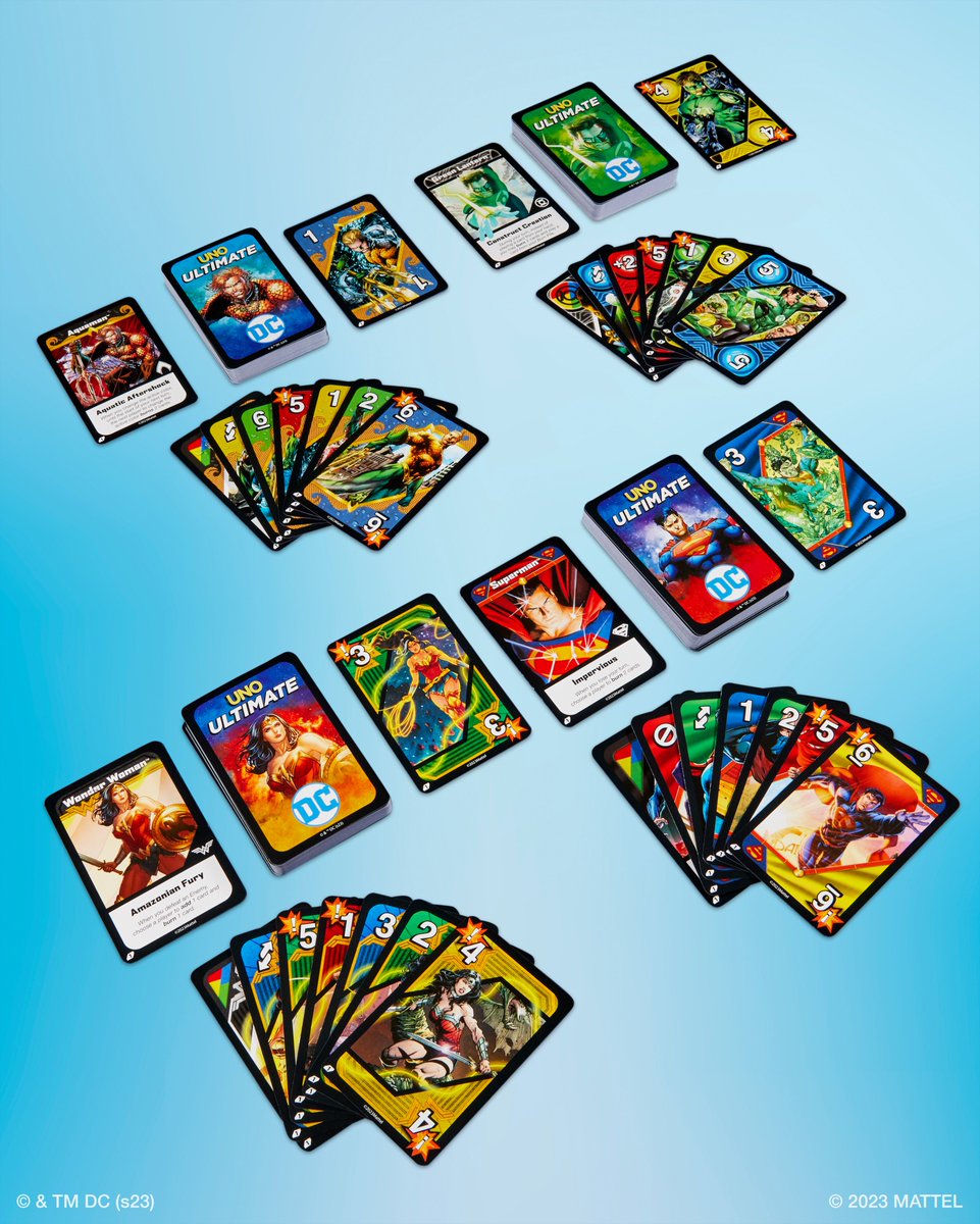 Play UNO like a hero. ⚡️The all-new UNO Ultimate DC includes special character decks for some of your favorite DC Super Heroes™ – Superman™, Wonder Woman™, Aquaman™ and Green Lantern™. Now available.