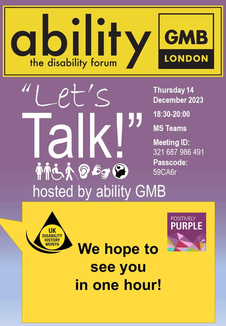 We hope to see you in the next hour! 🖤💛🖤
"LET'S TALK!" hosted by ability GMB (London)
Thursday 14 December, 18:30-20:00
MS Teams:
Meeting ID: 321 687 986 491
Passcode: 59CA6r
#UKDHM #UKDHM2023