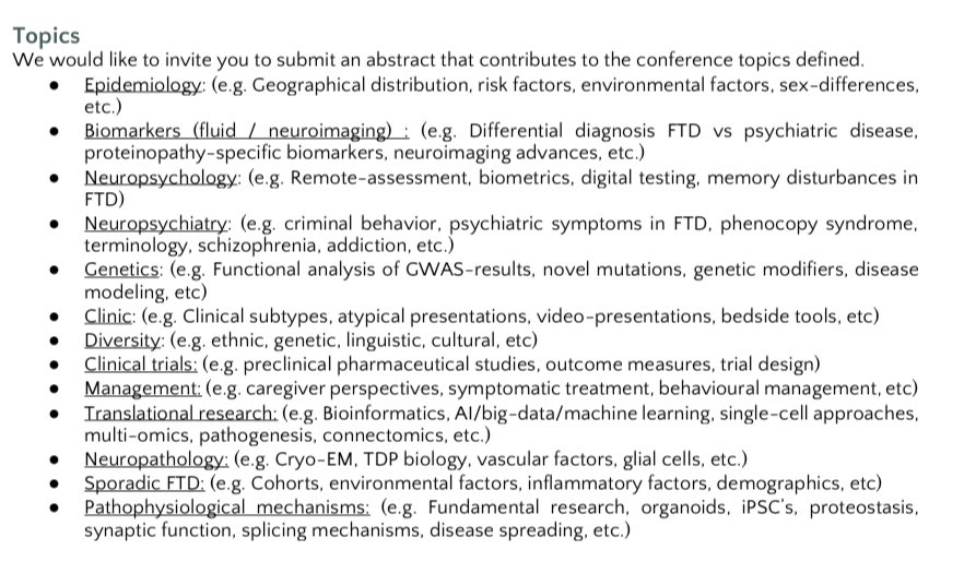 The #ISFTD2024 scientific committee invites you to submit an abstract that contributes to the conference topics defined below! Abstract submission is open until the 1st of March! Visit: ISFTD2024.org for more info! #endFTD #ISFTD