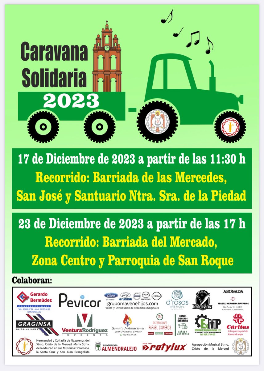 ACTUACIONES DICIEMBRE 2/3🎄🎶

✅ I Recorrido de la Caravana Solidaria de Alimentos
📅 Domingo 17 🕕 11:30 h
📍   Barriadas de las Mercedes, San José y Santuario de Ntra. Sra. de la Piedad

❤️💙 MERCED = CARIDAD ❤️💙