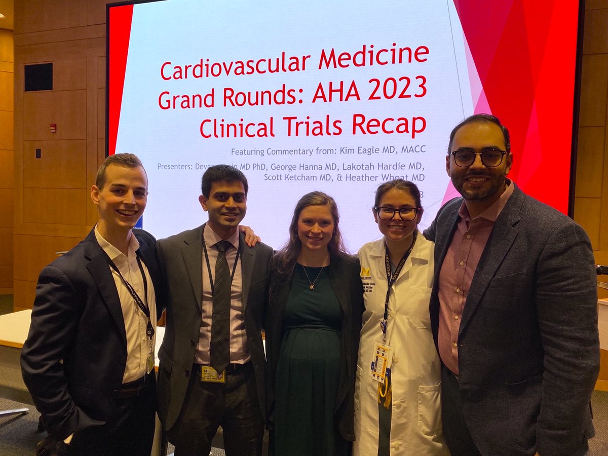 👀 check out these all ⭐️ fellows presenting at 〽️💙 Cardiovascular Medicine Grand Rounds today! Summarizing the 🔥 new trials from the recent #aha23 meeting with expert discussant, @keaglemd . We are ❤️ our fellows and are SO proud of them!!!