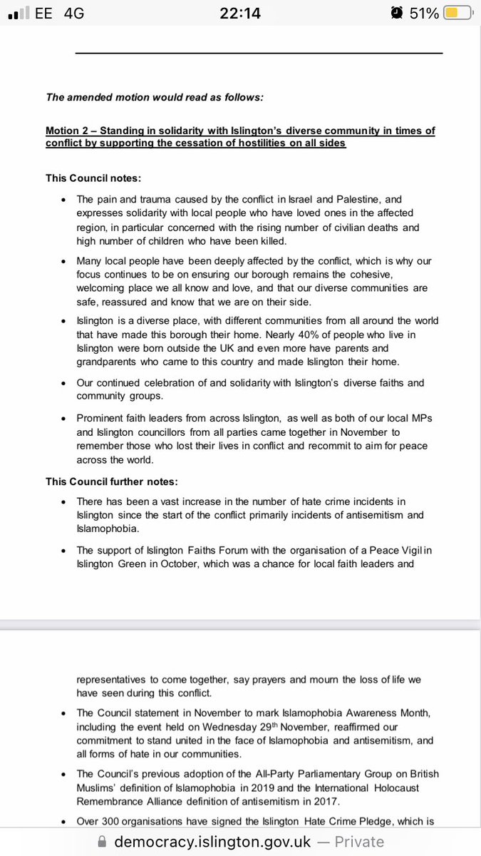 Flo_williamson's tweet image. Very emotional evening as @IslingtonBC unanimously passed this motion supporting our communities locally and calling for an end to hostilities in the Middle East. 1/2
