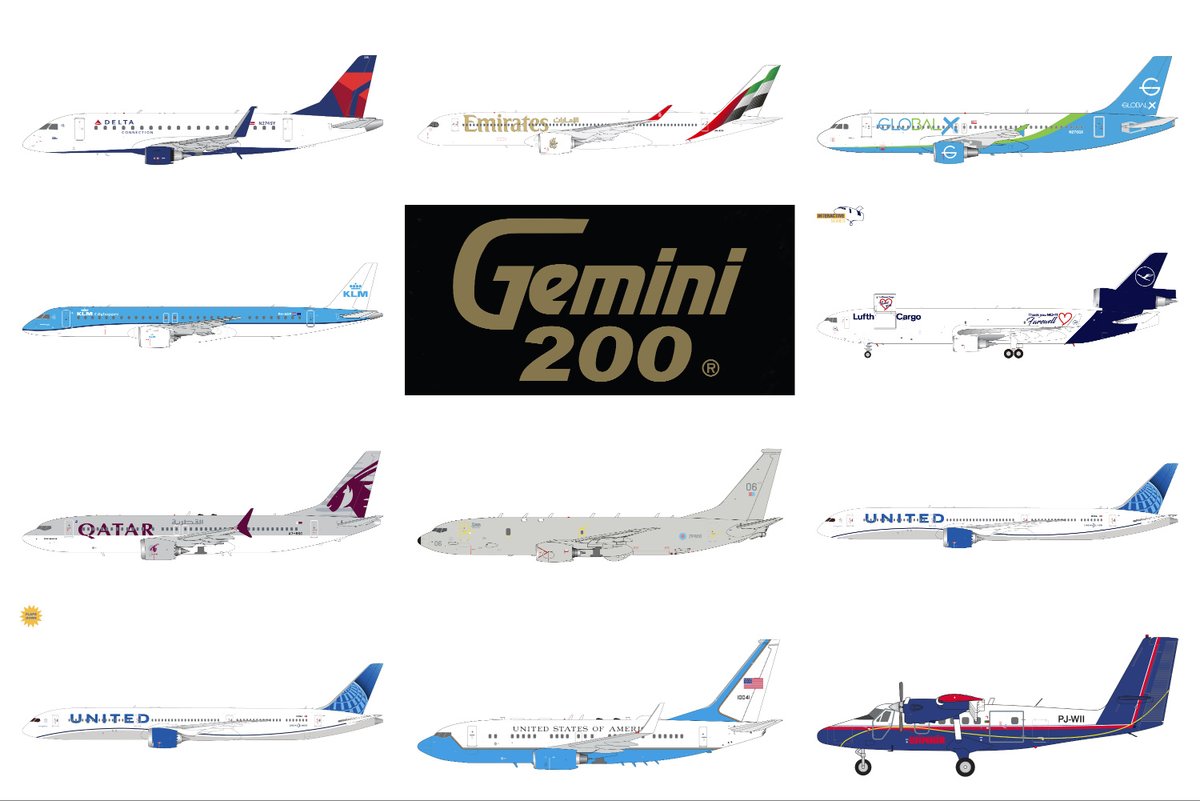 TAKEOFF! Gemini200 1:200-scale for Dec. 2023: Delta Connection E175, Emirates A350-900, GlobalX A320, KLM Cityhopper E195-E2, Lufthansa Cargo MD-11F, Qatar 737 MAX 8, Royal Air Force Poseidon MRA1, United 787-10 (standard & flaps-down), U.S. Air Force C-40B, Winair DHC-6-300