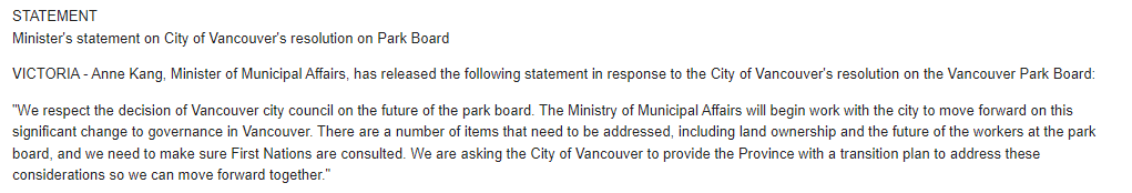 The B.C. government has issued their formal statement on Vancouver council voting to try and kill the park board, saying they will need to create a transition plan to address First Nations consultation and land ownership