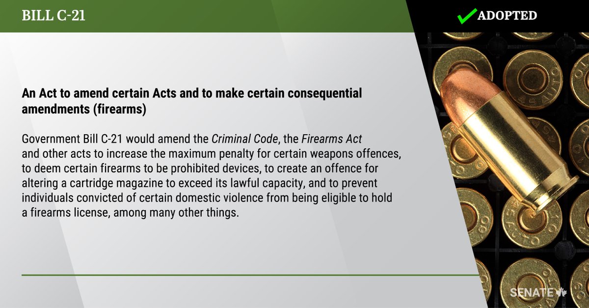 Bill #C21 has been adopted at third reading in the Senate: ow.ly/ylAc50QiT9y #SenCA #CdnPoli