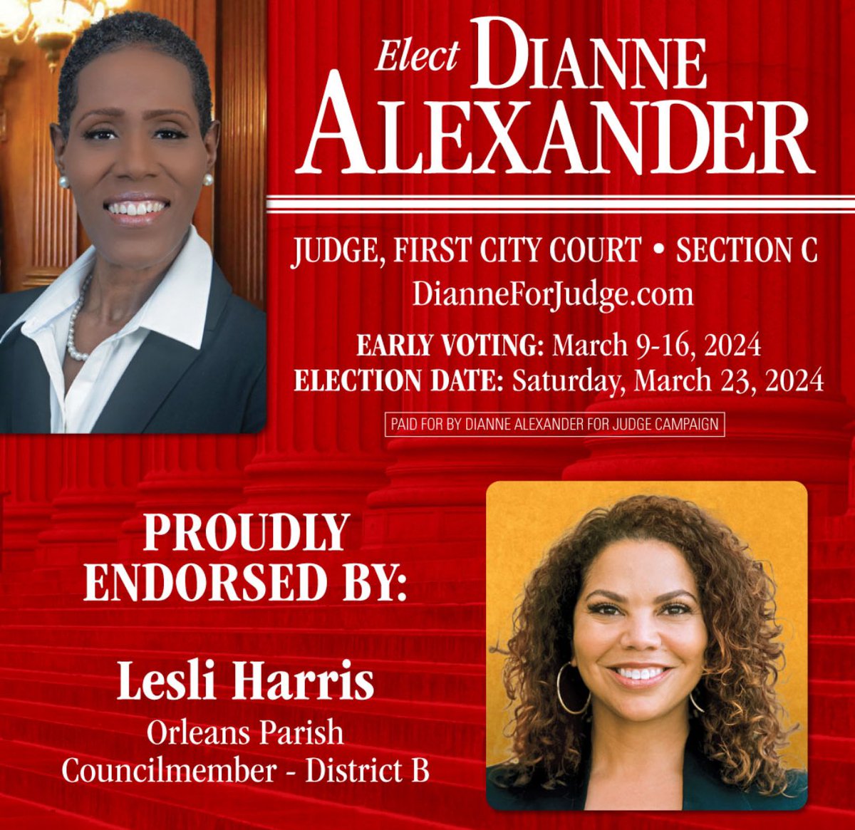 Dianne Alexander (@dianneforjudge) on Twitter photo 🚨ENDORSEMENT ALERT
Join Councilmember <a href="/lesliharris/">Lesli Harris - New Orleans City Council District B</a> , District B, in voting for DIANNE ALEXANDER FOR FIRST CITY COURT JUDGE!
#DianneForJudge ✅
🗳️ Early Voting is March 9-16, 2024.
🗳️ Election Day is March 23, 2024.
#vote #elect #diannealexander #firstcitycourt #judge 🚨ENDORSEMENT ALERT
Join Councilmember <a href="/lesliharris/">Lesli Harris - New Orleans City Council District B</a> , District B, in voting for DIANNE ALEXANDER FOR FIRST CITY COURT JUDGE!
#DianneForJudge ✅
🗳️ Early Voting is March 9-16, 2024.
🗳️ Election Day is March 23, 2024.
#vote #elect #diannealexander #firstcitycourt #judge