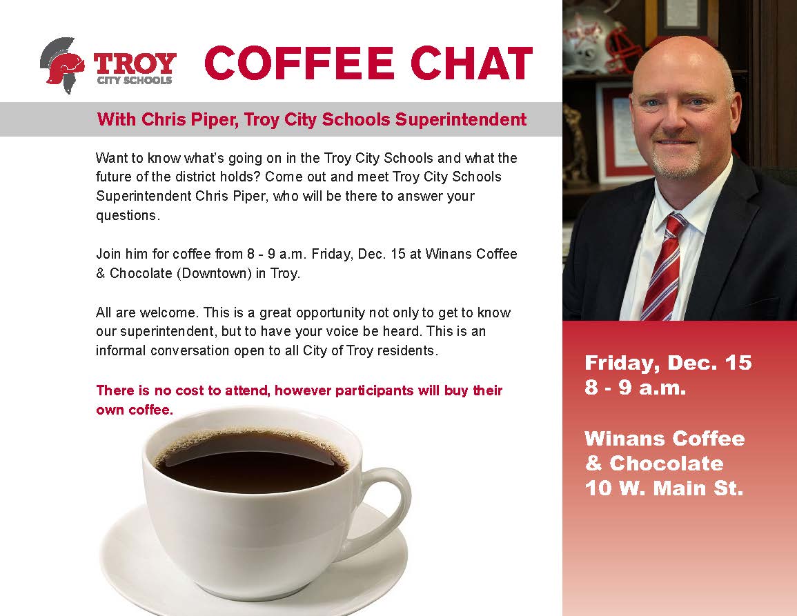 Reminder! Superintendent Chris Piper @chrispiper_ohio  will be hosting a coffee chat at 8 a.m. tomorrow at Winans in downtown Troy! We hope to see you there!