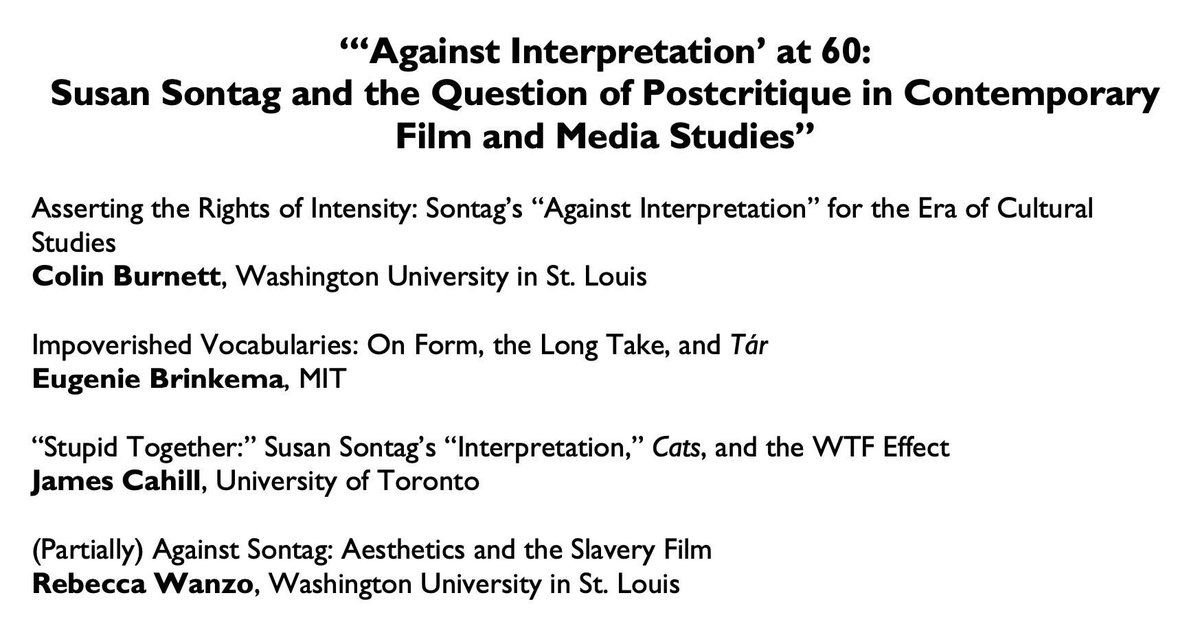 colinburnett100's tweet image. #SCMS 2024, here we come! Really looking forward to hearing these three great scholars on Sontag’s “Against Interpretation” at 60! #SCMS24 #SCMS2024 with @rawreader @jamesleocahill &amp;amp; Eugenia Brinkema!