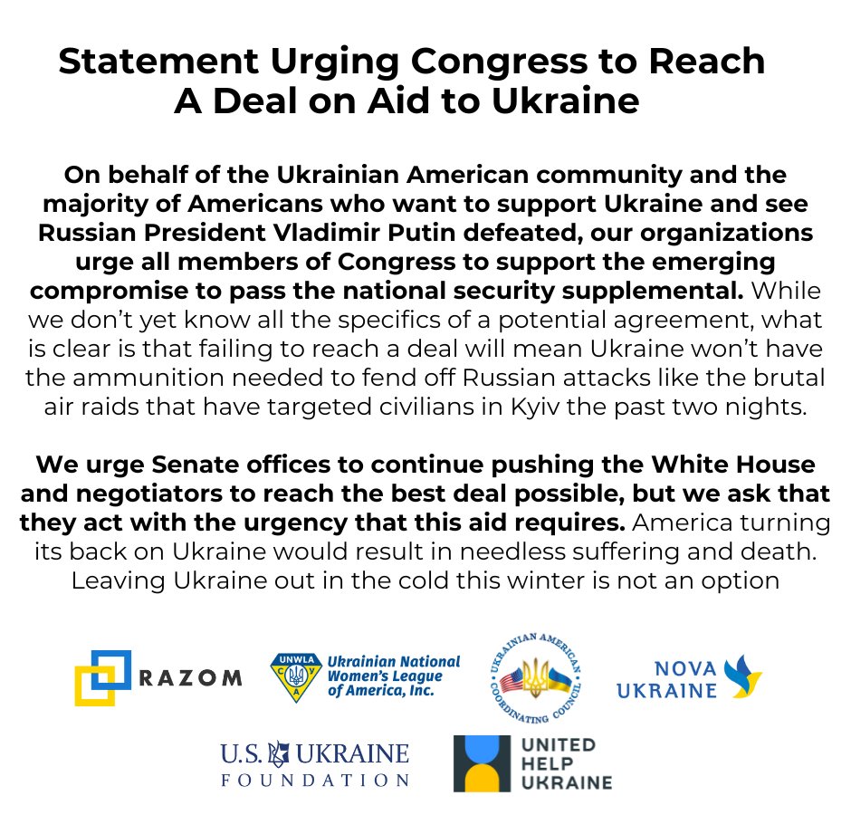 We're urging all members of Congress to support the emerging compromise to pass the national security supplemental and fund aid to Ukraine. A joint statement with @unwla, the Ukrainian American Coordinating Council, @novaukraine, @usukraine & @UnitedHelpUA: