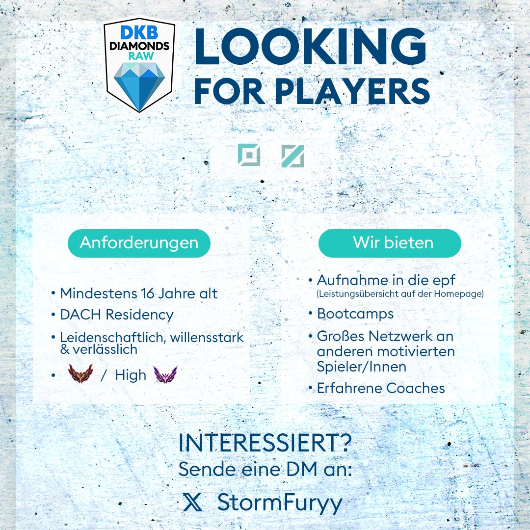 DKB XPERION NXT (@dkb_xperion_nxt) on Twitter photo Für unser #DKBDiamondsRAW Team suchen wir Top & Mid Lane!🫵
Hast du das Zeug dazu mit uns aufzusteigen? Dann meld dich gerne bei <a href="/StormFuryy/">MaxSchallah</a> und werde ein Rohdiamant!💎 Für unser #DKBDiamondsRAW Team suchen wir Top & Mid Lane!🫵
Hast du das Zeug dazu mit uns aufzusteigen? Dann meld dich gerne bei <a href="/StormFuryy/">MaxSchallah</a> und werde ein Rohdiamant!💎