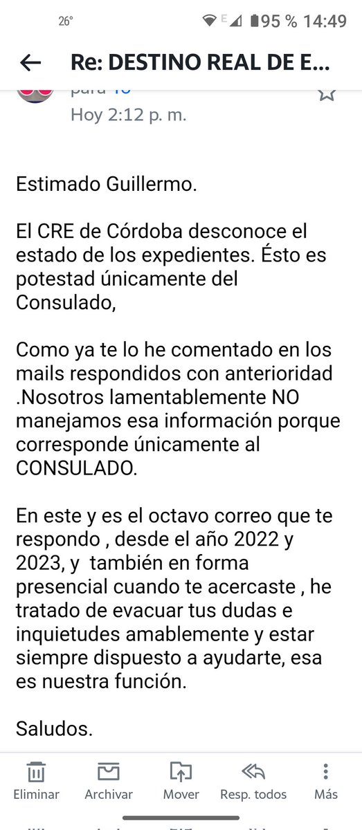 <a href="/Crecordobaarg/">C.R.E Córdoba</a> <a href="/LmdCordoba/">LMD UNIDOS CORDOBA ARG</a> <a href="/MAECgob/">Ministerio de Asuntos Exteriores, UE y Cooperación</a> <a href="/inclusiongob/">Ministerio Inclusión Seguridad Social Migraciones</a> <a href="/EmbEspArgentina/">Embajada de España en Argentina</a> <a href="/psoeargentina/">PSOE Argentina</a> <a href="/PiliCancela/">Pilar Cancela/❤️</a>  Estimados Sres, está es una respuesta casi en el límite de la intolerancia para un organismo al que solo se le pide interceder por nuestros derechos ante la indiferencia del consulado