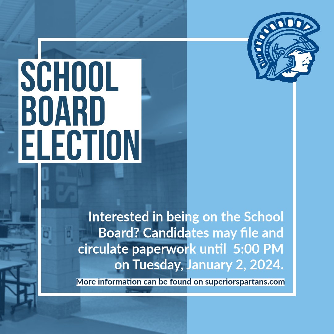 Interested in being on the Superior School Board? 
There will be three vacancies on the April 2, 2024 ballot. Candidates may file and circulate paperwork through 5:00 p.m. on January 2. 

More information can be found here: superior.k12.wi.us/news/what_s_ne…