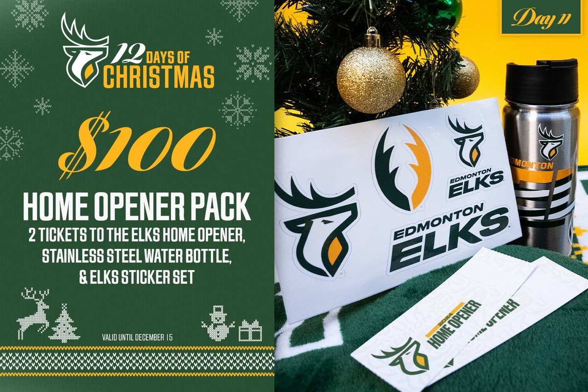 Day 11 of 12 🎁 Kickoff Season 75 on June 8, 2024 vs @sskroughriders Home Opener Pack | shop.goelks.com/products/edmon… #OurTeamOurCity #GoElks #CFL #12DaysofChristmas