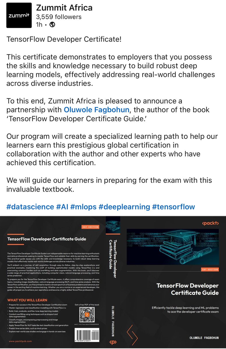 Exciting news, @zummitafrica will be using my book on TensorFlow to help developers across Africa ace the @TensorFlow Developer Certificate exam.