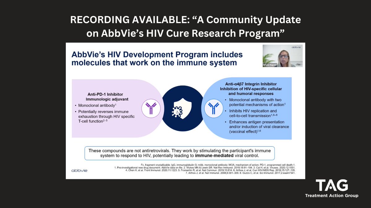 Since our founding three decades ago, TAG has produced resources for communities affected by HIV to stay on top of science + R&D. Full recording of our recent webinar on AbbVie's cure research now available, hosted by TAG's Richard Jefferys: treatmentactiongroup.org/webinar/a-comm…