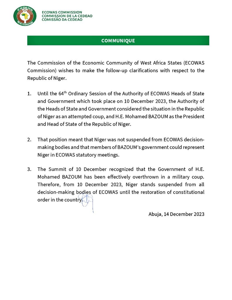 🔴NIGER 🇳🇪| #Sanctions : the @ecowas_cedeao in a press release made public Thursday 12/14, decides 'as of December 10, 2023, the suspension of #Niger 'from all decision-making bodies' of the West African organization until the restoration of constitutional order. #NigerCoup
