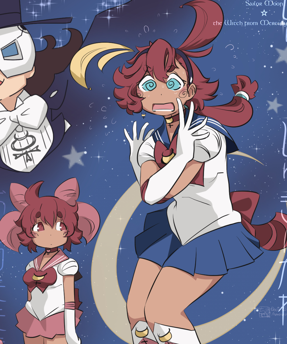 sailor chibi moon ,sailor moon ,suletta mercury sailor senshi uniform cosplay multiple girls 2girls bow red hair 1boy  illustration images