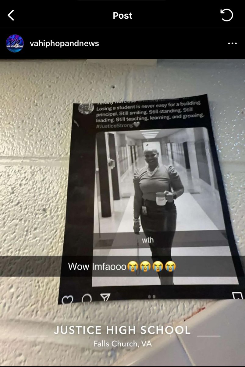 Wow. A student tragically passed away from a drug overdose at @justicehswolves. This was the tone deaf and narcissistic response from the principal. Outraged students responded by hanging up pictures of her tweet around the school‼️