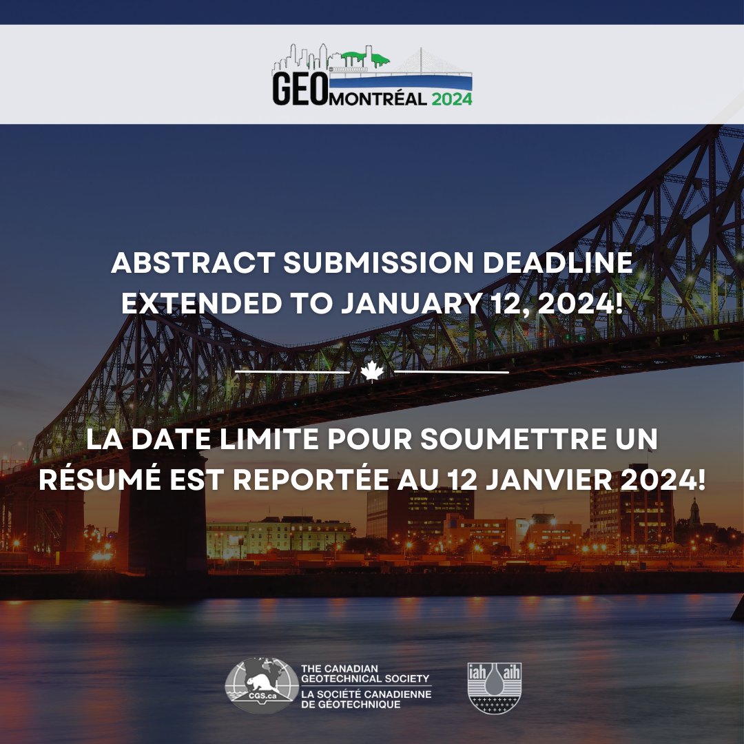 The GeoMontréal 2024 abstract submission deadline has been extended to January 12, 2024! 🔗 geomontreal2024.ca/call-for-abstr… --- La date limite pour soumettre un résumé a été reportée au 12 janvier 2024 ! 🔗 geomontreal2024.ca/fr/call-for-ab… #GeoMontreal2024