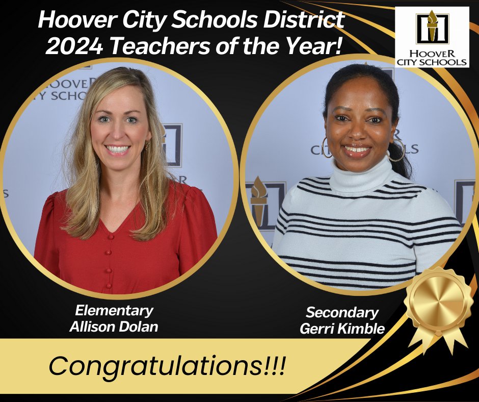 CONGRATULATIONS to our 2024 Teachers of the Year!! Join us in applauding Elementary Teacher of the Year, @BluffParkElem's Allison Dolan, and Secondary Teacher of the Year, @HooverHighBucs Gerri Kimble!! #Congrats @AlabamaAchieves #teacheroftheyear