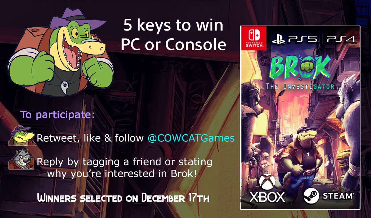🎁 GIVEAWAY 🎁
Let's do this again!
I offer 5 digital copies of my Beat'em Up / Adventure mashup game BROK the InvestiGator on #Steam #Xbox #PS4 #PS5 #Switch

Instructions ↘️