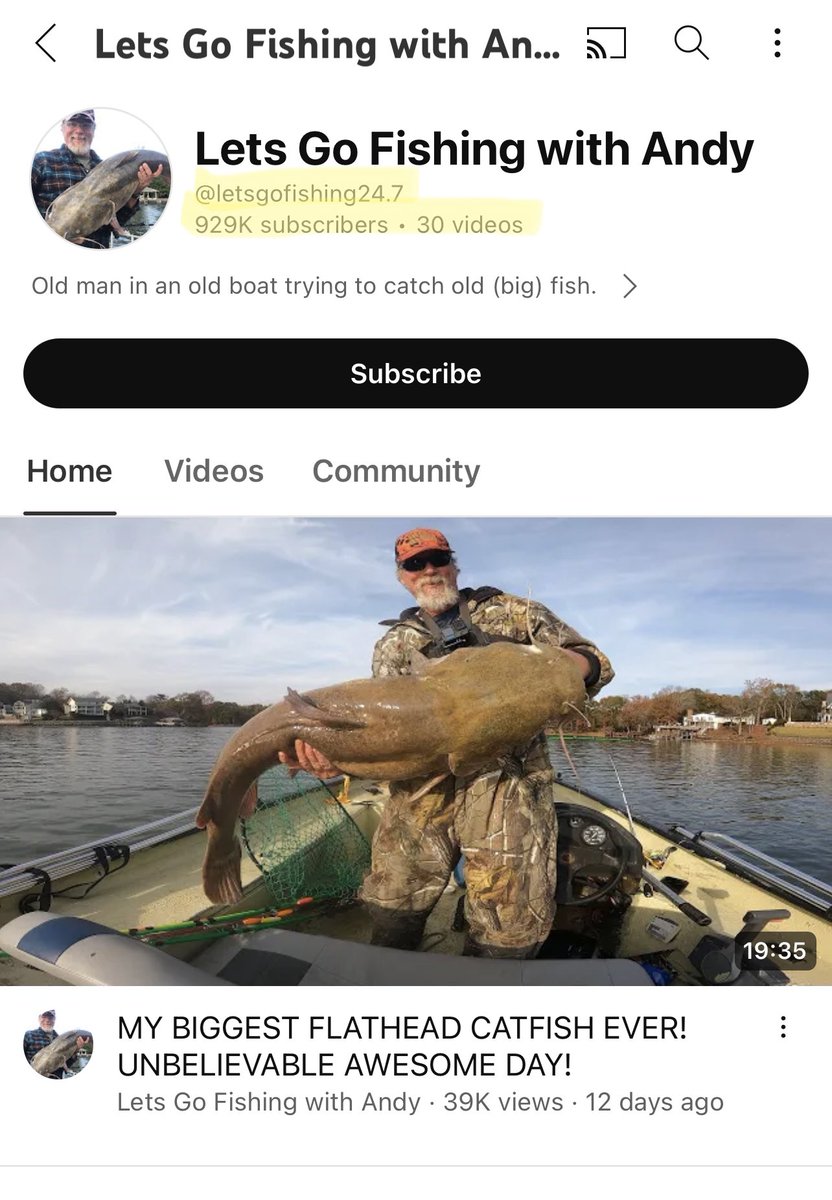 Let me tell you about a guy named Andy… who likes to fish… He used to have only 419 subscribers on YouTube but now is quickly approaching a million thanks to a viral TikTok made by a stranger. The platform truly astounds me every day. 🤯 #LetsGoFishingWithAndy