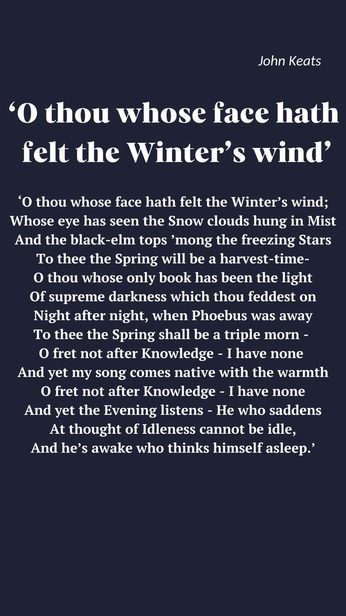 By John Keats. 'O thou whose face hath felt the Winter's wind.' #poetrycommunity #PoetryShare #Poetry #poetrylovers #poetrytwitter #poetrybook #poet #POEMS #twitterpoem #twitterpoetry #writing #writer #WritingLife #writerslift #WritingCommunity #twitterwriter #JohnKeats #Keats