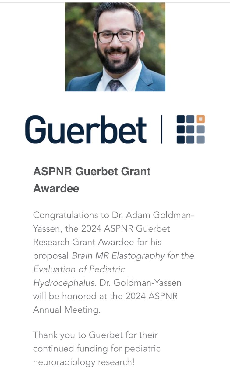 Huge congratulations are in order for @AdGoldmanYassen, the 2024 ASPNR Guerbet Research Grant Awardee 👏What a great accomplishment, Dr. Goldman-Yassen! #pedsrad @childrensatl @EmoryRadiology
