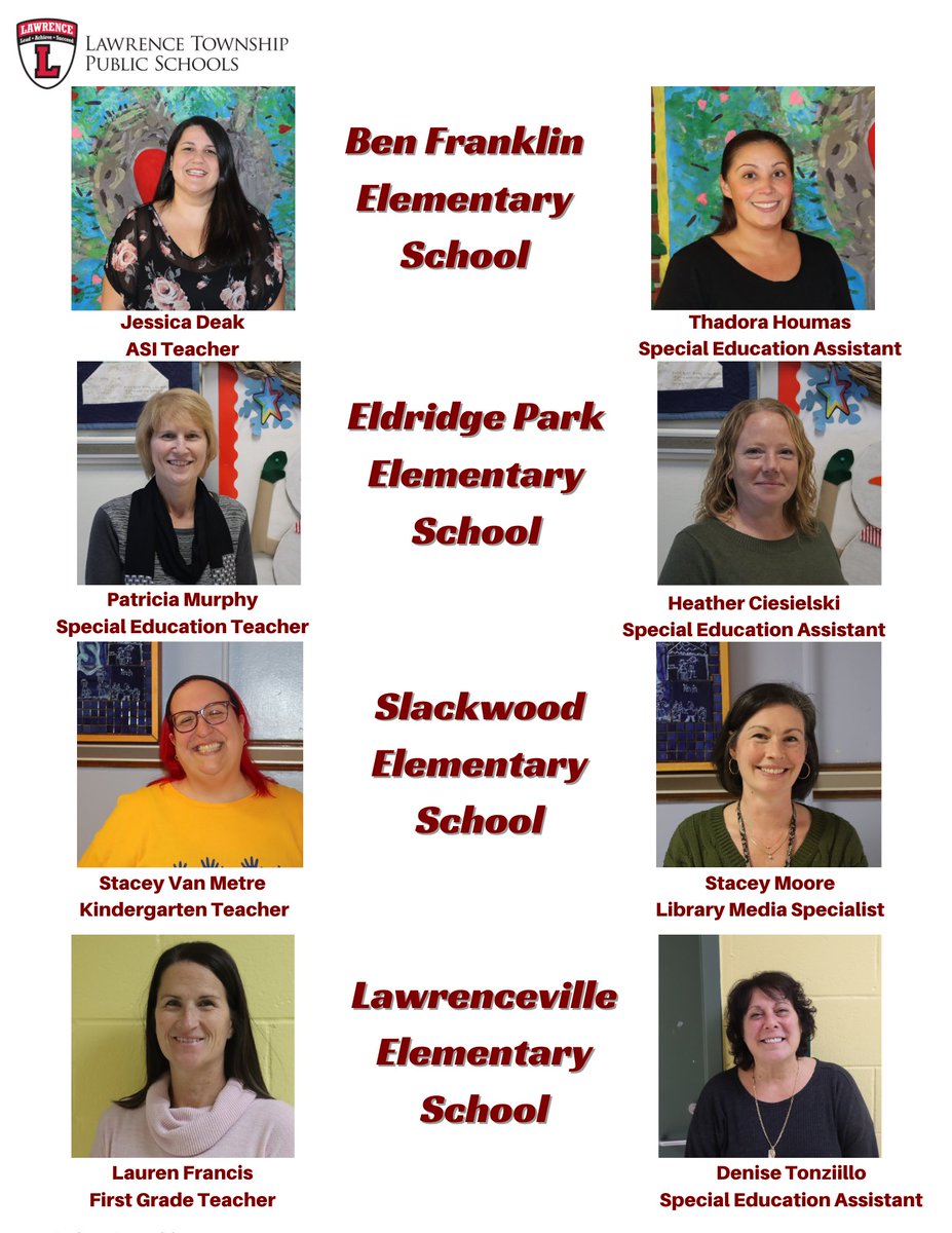 We are pleased to announce the selection of the following educators from Lawrence Township Public Schools for the 2023- 2024 Governor’s Teacher/Educational Services Professional Recognition Program. Congrats to all for receiving this prestigious recognition! 👏👏👏