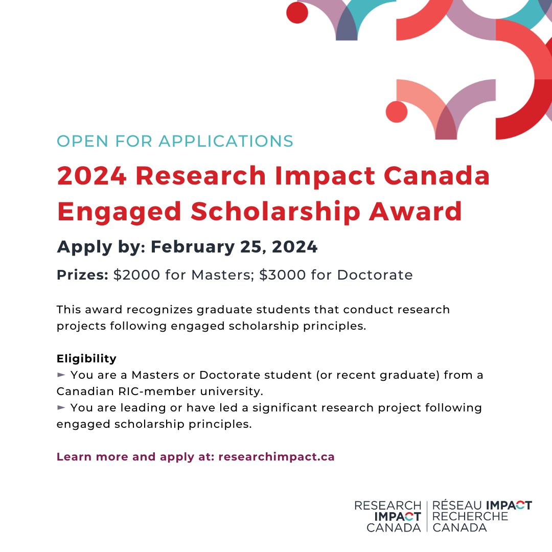 The 2024 Research Impact Canada Engaged Scholarship Award (RIC Award) is open for applications!   🏆 Prize: $2000 for Masters, $3000 for Doctorate  📅 Deadline: February 25th at 11:59 PM PT 🔗 For more information, visit our website: researchimpact.ca/announcements/…