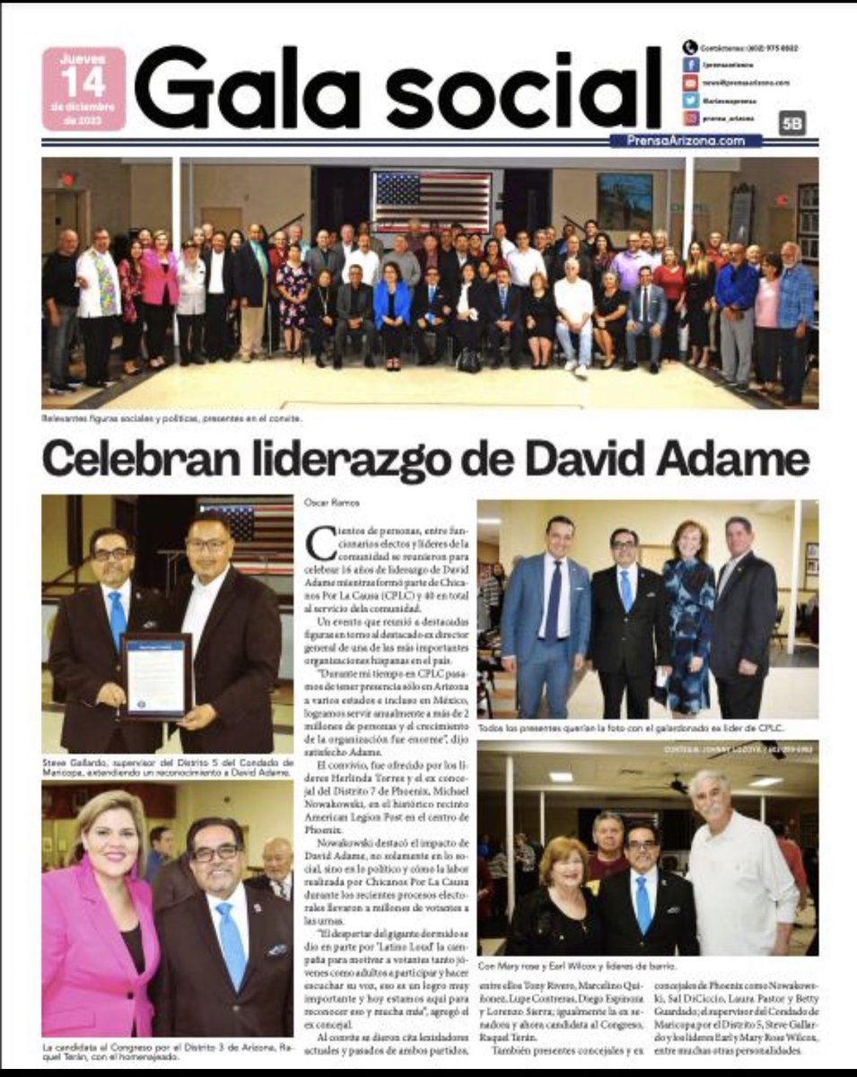 David Adame (@davidadamecplc) on Twitter photo Thank you to the community who blessed me with this celebration ❤️✊🏽. Meant the world to me that the community came together to provide me this honor <a href="/katiehobbs/">Katie Hobbs</a> <a href="/Steve_Gallardo/">Supervisor Steve Gallardo</a> <a href="/RaquelTeran/">Raquel Terán</a> <a href="/GPEC/">Greater Phoenix Economic Council</a> <a href="/GPLInc/">GPL, Inc.</a> <a href="/phxchamber/">Greater Phoenix Chamber</a> <a href="/AZChamber/">Arizona Chamber</a> <a href="/AZLatinoLC/">AZ Latino Legislative Caucus</a> <a href="/LULAC/">LULAC</a> <a href="/WeAreUnidosUS/">UnidosUS</a> <a href="/AzMxCom/">Arizona-Mexico Commission</a> Thank you to the community who blessed me with this celebration ❤️✊🏽. Meant the world to me that the community came together to provide me this honor <a href="/katiehobbs/">Katie Hobbs</a> <a href="/Steve_Gallardo/">Supervisor Steve Gallardo</a> <a href="/RaquelTeran/">Raquel Terán</a> <a href="/GPEC/">Greater Phoenix Economic Council</a> <a href="/GPLInc/">GPL, Inc.</a> <a href="/phxchamber/">Greater Phoenix Chamber</a> <a href="/AZChamber/">Arizona Chamber</a> <a href="/AZLatinoLC/">AZ Latino Legislative Caucus</a> <a href="/LULAC/">LULAC</a> <a href="/WeAreUnidosUS/">UnidosUS</a> <a href="/AzMxCom/">Arizona-Mexico Commission</a>