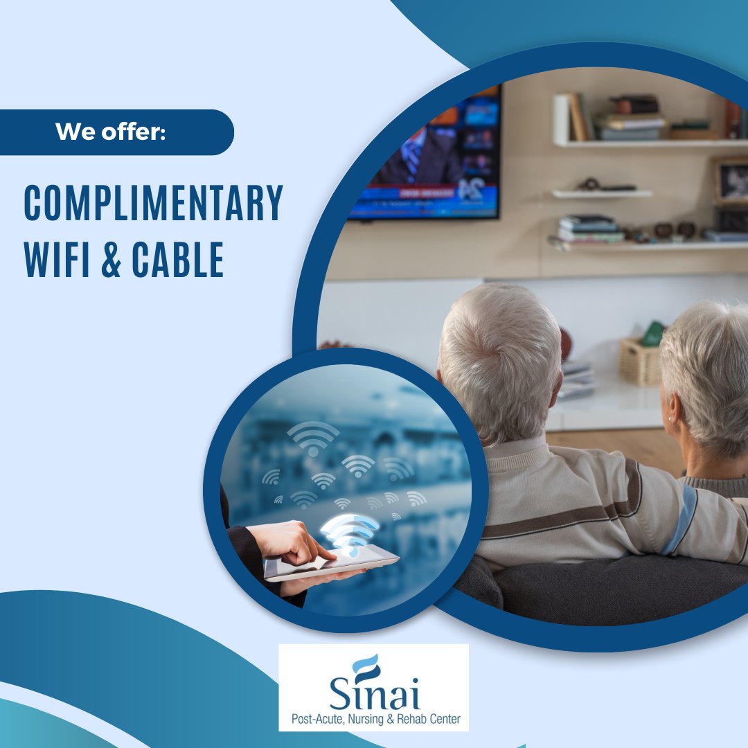 Say goodbye to buffering and hello to endless entertainment! 📺🌐 Our residents enjoy the best of both worlds with complimentary WiFi & cable. Streaming and staying connected has never been so comfortable! Stay tuned for limitless fun! 🎉🌟 #TechSavvySeniors #SinaiPostAcute