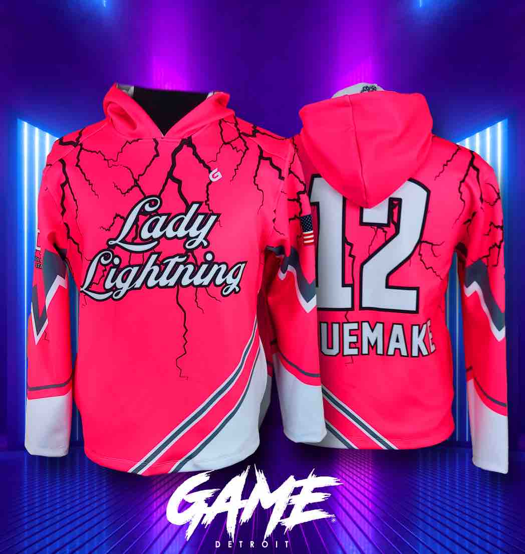 Lady Lightning hoodies rolling out!! ⭐️ #PoweredByG #LookGoodPlayGood #CustomHoodies #MadeInTheUSA #LongLastingGear #Sublimation #Unrivaled #TheGTakeover #Detroit #WeGotGame #AmericanMade #GameApparel GBRANDUSA.COM