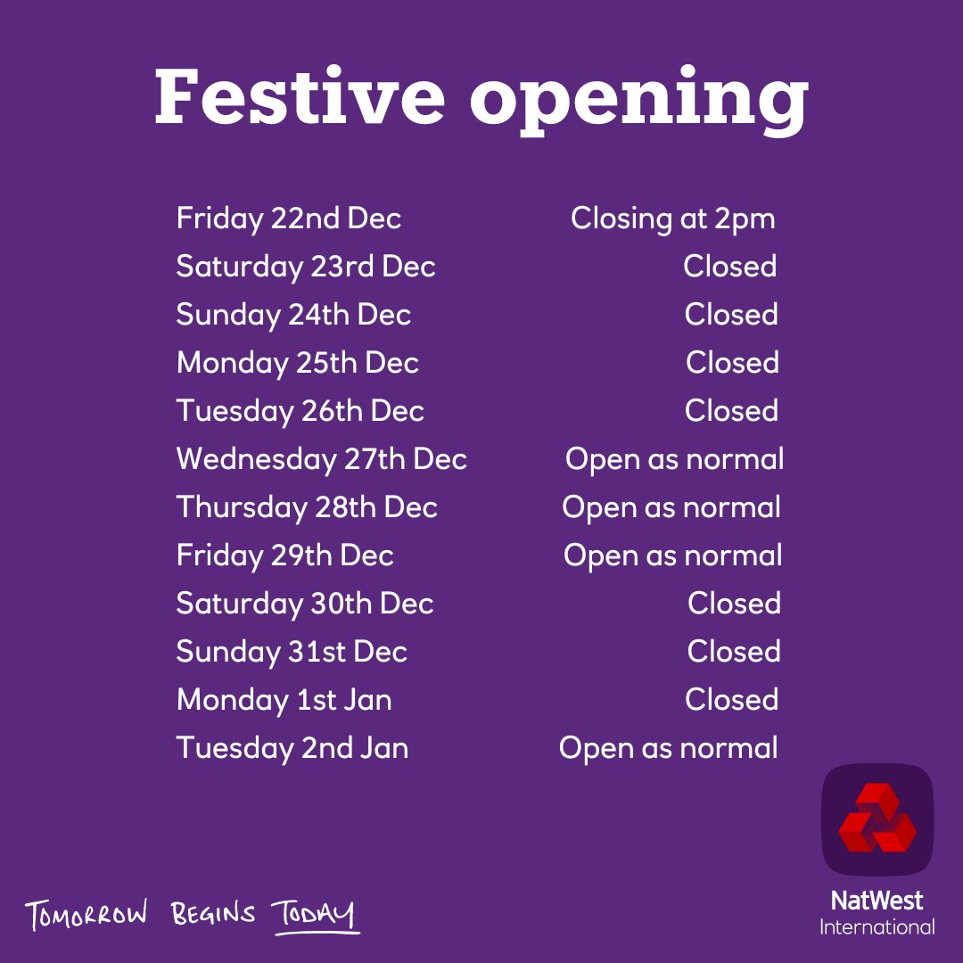 Season's Greetings! 🎄 🎁 ⛄ Here's our Christmas and New Year branch opening times for Gibraltar: