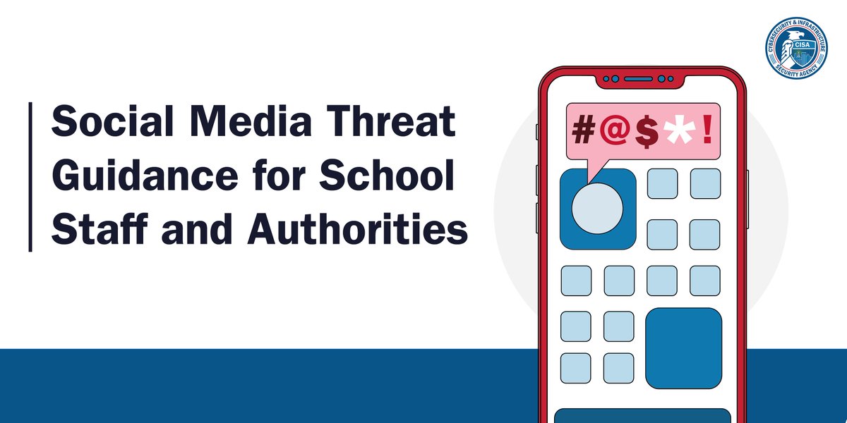 Check out our Social Media Threat Guidance for School Staff and Authorities Infographic to learn more about best practices when handling social media threats directed towards schools: go.dhs.gov/JkG #SchoolSafety #Cybersecurity #SocialMedia