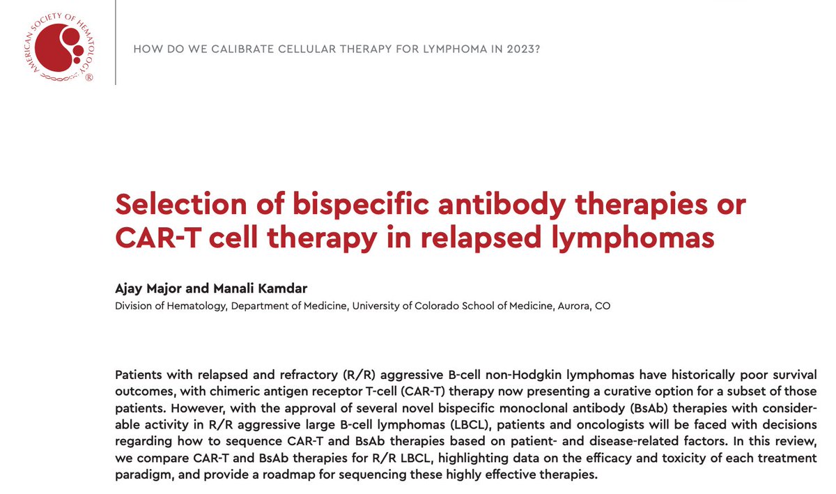 Our lymphoma faculty @CUHematology had several manuscripts published concurrently with @ASH_hematology #ASH23!
First, Drs. @majorajay & @mana1981 published an ASH Education manuscript on bispecific antibodies vs CAR-T in relapsed LBCL. #lymsm #tcellrx /1
pubmed.ncbi.nlm.nih.gov/38066907/