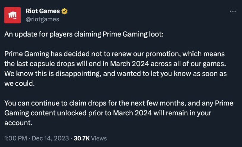 Prime Gaming rewards in LoL & Valorant to end in early 2024