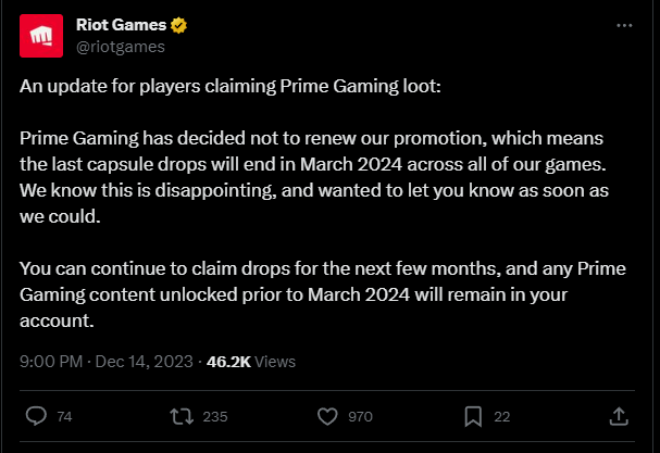 League of Legends Prime Gaming Promotion to End in 2024