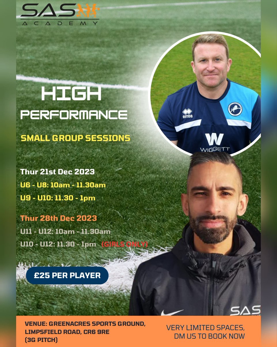 HIGH PERFORMANCE SMALL GROUP SESSIONS ⚽️ Sessions led by Co-Owner, David Gill. (Cat 1 boys Academy scout & Girl's ETC Technical Lead Coach) Also, joining him will be *SPECIAL GUEST*, Dan Penfold. (Milllwall Fc Academy U13 coach). DM to book or for more info.@