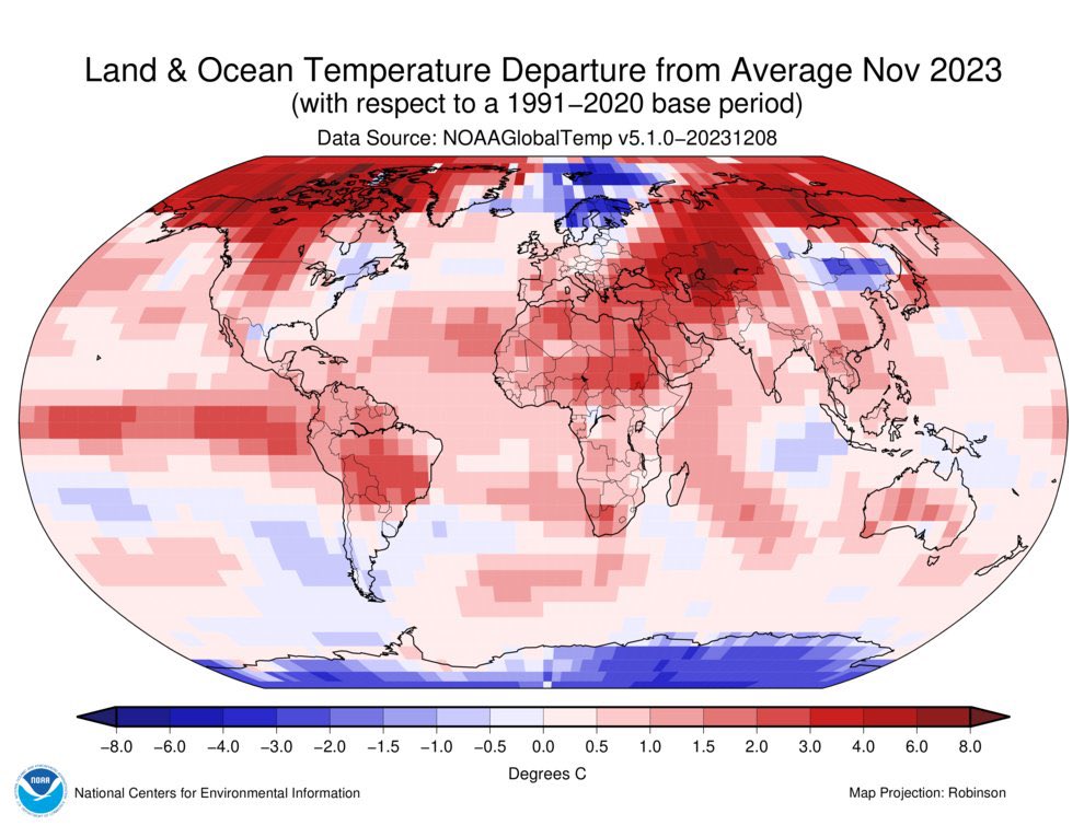 Antarcticacl's tweet image. 🔥Nov.2023 fue el mes de Noviembre más cálido jamás registrado en #Sudamerica, Asia, y a nivel global🌍

TemperaturaGlobal en Nov.2023 estuvo +1,44°C sobre el promedio del SigloXX para ese mes

⚠️Llevamos 537meses consecutivos con temperatura sobre típicos!noaa.gov/news/earth-had…