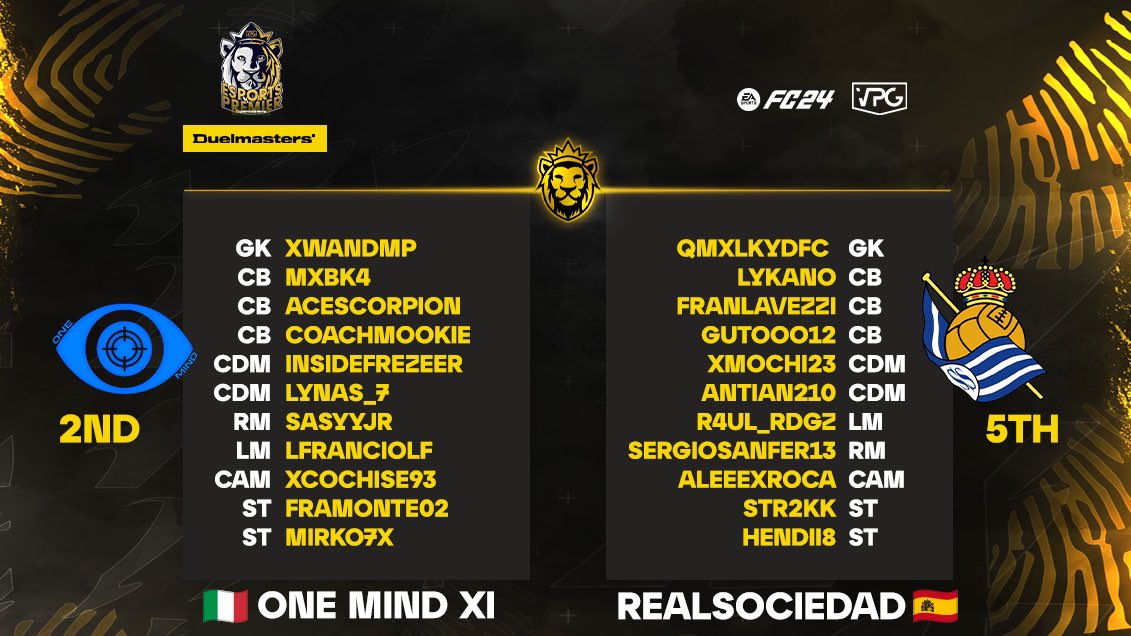 Virtual Pro Gaming (@officialvpg) on Twitter photo 👑 11v11 Competitive Clubs! Sponsored by <a href="/DuelmastersGG/">Duelmasters.io</a>
⚽️ <a href="/EASPORTSFC/">EA SPORTS FC</a> <a href="/EASPORTSFCPro/">EA SPORTS FC Pro</a> 11v11
🏆 <a href="/VPGPremier/">VPG Esports Premier</a> 🦁
🇮🇹 <a href="/OneMindXI/">Focus 1Mind</a>
🆚
🇪🇸 <a href="/eRealSociedad/">eReala</a>
🎙️ Presented by <a href="/GeorgeOverton_/">Ove</a>
🎥 Live on YouTube: youtube.com/virtualprogami…
🕣 20:50 UK Time!
👥 Squads!
———————
🇮🇹 👑 11v11 Competitive Clubs! Sponsored by <a href="/DuelmastersGG/">Duelmasters.io</a>
⚽️ <a href="/EASPORTSFC/">EA SPORTS FC</a> <a href="/EASPORTSFCPro/">EA SPORTS FC Pro</a> 11v11
🏆 <a href="/VPGPremier/">VPG Esports Premier</a> 🦁
🇮🇹 <a href="/OneMindXI/">Focus 1Mind</a>
🆚
🇪🇸 <a href="/eRealSociedad/">eReala</a>
🎙️ Presented by <a href="/GeorgeOverton_/">Ove</a>
🎥 Live on YouTube: youtube.com/virtualprogami…
🕣 20:50 UK Time!
👥 Squads!
———————
🇮🇹