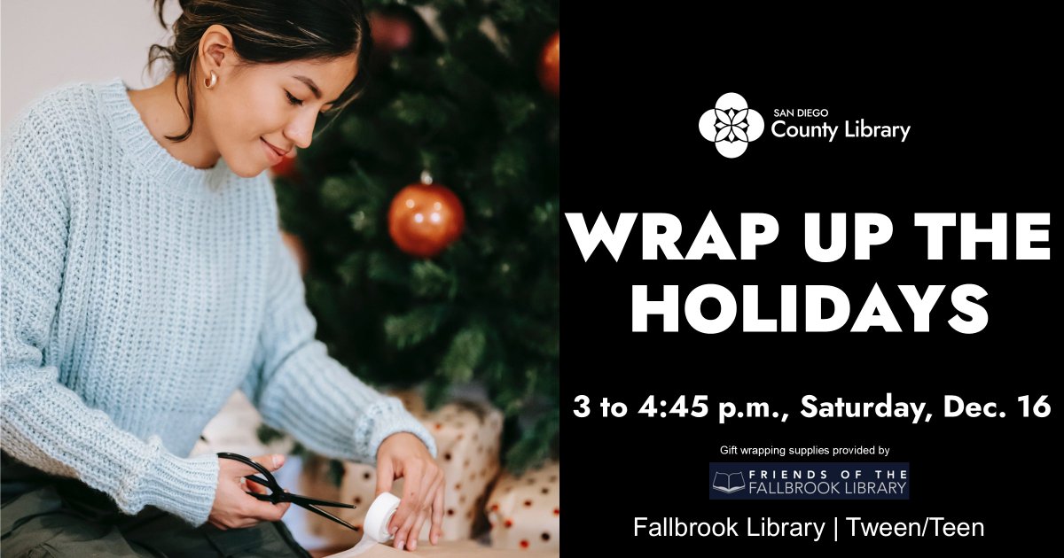 FallbrookSDCL's tweet image. Teens &amp;amp; tweens! Join us Sat, Dec 16 @ 3pm as we wrap up the holidays with a wrapping party! 🎁 Bring in gifts to wrap while we watch Happy Feet &amp;amp; enjoy seasonal snacks! All things necessary to wrap gifts will be available. Event is open to ages 9-17. No registration required.